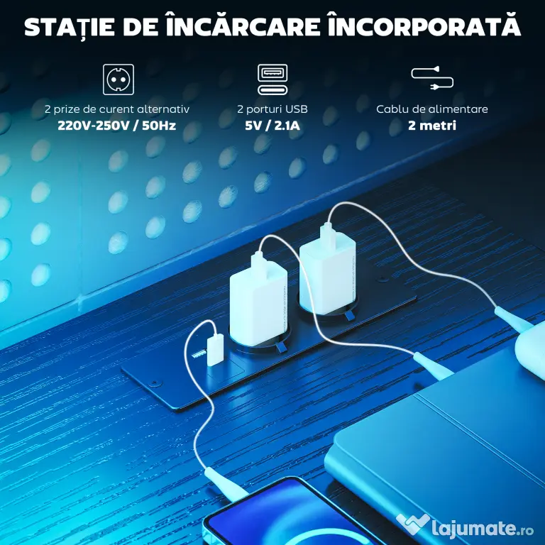 HOMCOM Birou Gaming în formă de L cu prize multiple, LED-uri, 165x80 cm, birou PC cu 2 sertare din material textil, 2 rafturi deschise, măsuță laterală și 2 suporturi monitor, din PAL și oțel, Negru | Aosom Romania