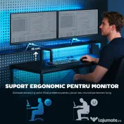 HOMCOM Birou Gaming în formă de L cu prize multiple, LED-uri, 165x80 cm, birou PC cu 2 sertare din material textil, 2 rafturi deschise, măsuță laterală și 2 suporturi monitor, din PAL și oțel, Negru | Aosom Romania