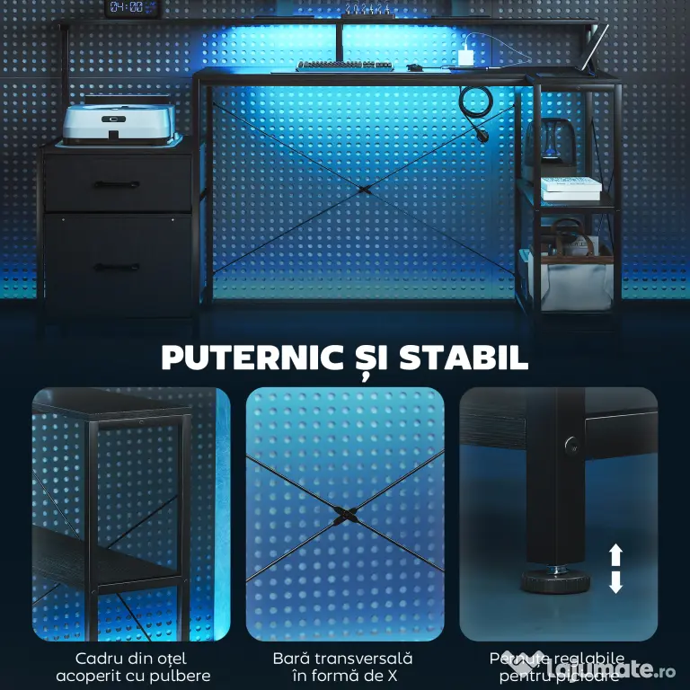 HOMCOM Birou Gaming în formă de L cu prize multiple, LED-uri, 165x80 cm, birou PC cu 2 sertare din material textil, 2 rafturi deschise, măsuță laterală și 2 suporturi monitor, din PAL și oțel, Negru | Aosom Romania