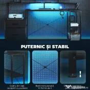 HOMCOM Birou Gaming în formă de L cu prize multiple, LED-uri, 165x80 cm, birou PC cu 2 sertare din material textil, 2 rafturi deschise, măsuță laterală și 2 suporturi monitor, din PAL și oțel, Negru | Aosom Romania