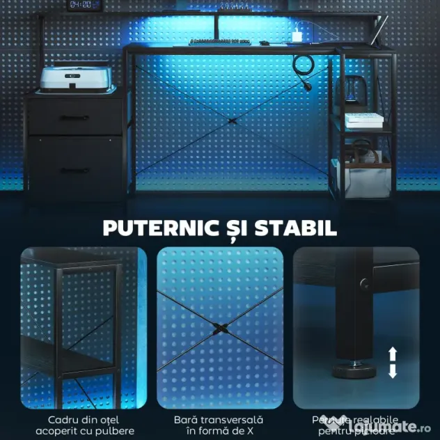 HOMCOM Birou Gaming în formă de L cu prize multiple, LED-uri, 165x80 cm, birou PC cu 2 sertare din material textil, 2 rafturi deschise, măsuță laterală și 2 suporturi monitor, din PAL și oțel, Negru | Aosom Romania