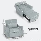 HOMCOM Fotoliu Pat 3 în 1 Pliabil, Spătar Reglabil 3 Poziții, Șezut Spațios, Pernă Detasabilă, Fotoliu Transformabil din Chenille cu Roți și Buzunare, 88x84x87 cm, Gri | Aosom Romania 