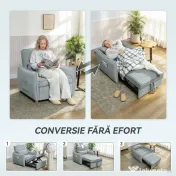 HOMCOM Fotoliu Pat 3 în 1 Pliabil, Spătar Reglabil 3 Poziții, Șezut Spațios, Pernă Detasabilă, Fotoliu Transformabil din Chenille cu Roți și Buzunare, 88x84x87 cm, Gri | Aosom Romania 