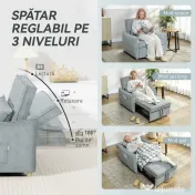 HOMCOM Fotoliu Pat 3 în 1 Pliabil, Spătar Reglabil 3 Poziții, Șezut Spațios, Pernă Detasabilă, Fotoliu Transformabil din Chenille cu Roți și Buzunare, 88x84x87 cm, Gri | Aosom Romania 