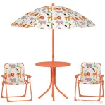AIYAPLAY Masă de Picnic pentru Copii, Set Masă și Scaune cu 2 Scaune Pliabile și Umbrelă Detasabilă, Tematică Junglă, Mobilier de Exterior pentru Grădină, Patio, Portocaliu