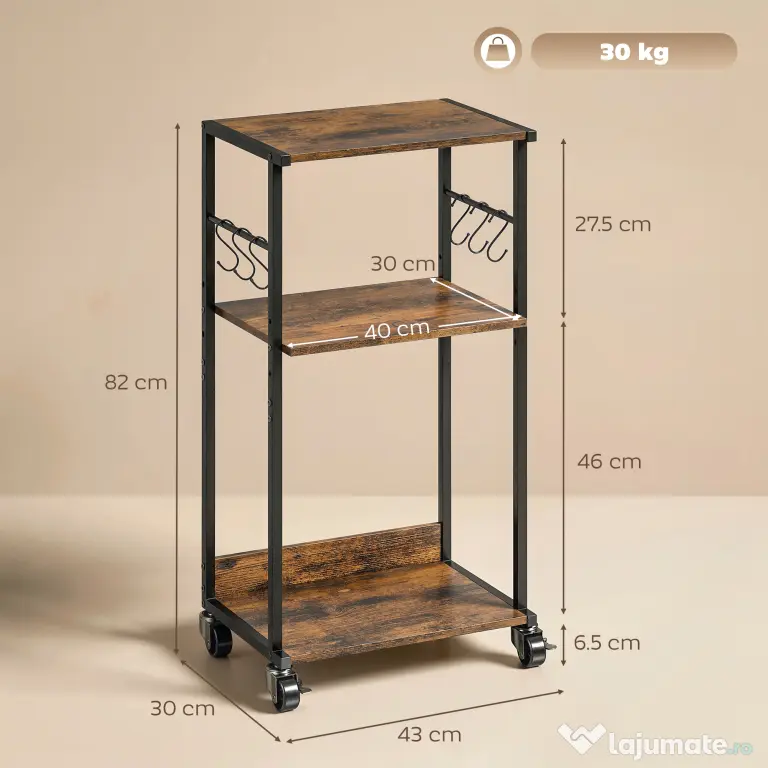HOMCOM Dulap Imprimantă Industrial 3 Niveluri, Roți și Cârlige, Maro Rustic. | Aosom Romania