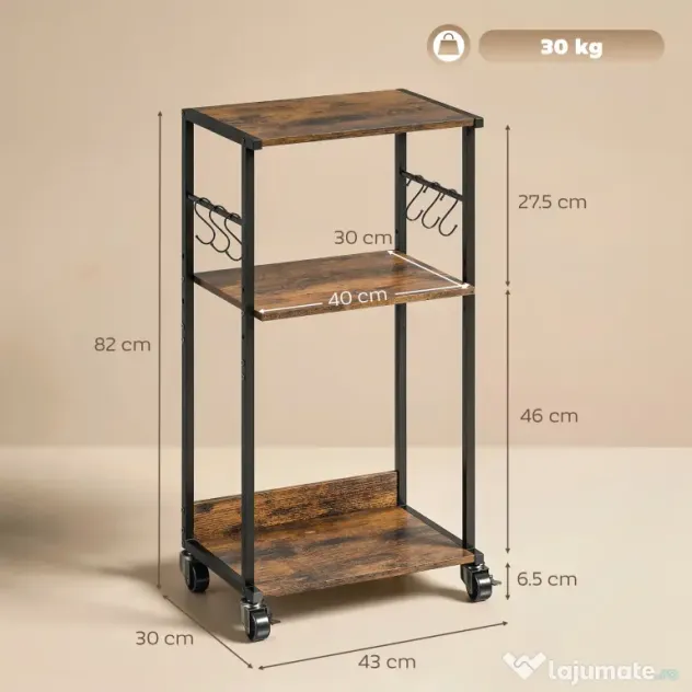HOMCOM Dulap Imprimantă Industrial 3 Niveluri, Roți și Cârlige, Maro Rustic.