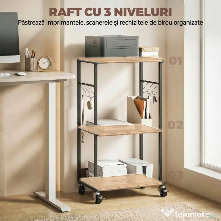 HOMCOM Dulap Imprimantă Industrial 3 Niveluri, Roți și Cârlige, Maro Rustic.