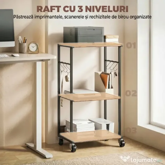HOMCOM Dulap Imprimantă Industrial 3 Niveluri, Roți și Cârlige, Maro Rustic.