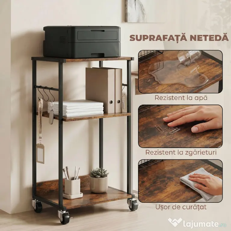 HOMCOM Dulap Imprimantă Industrial 3 Niveluri, Roți și Cârlige, Maro Rustic.
