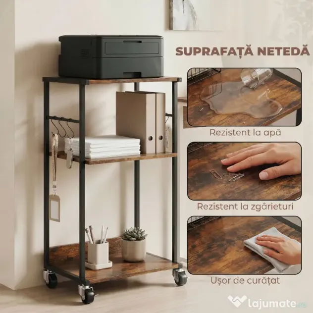 HOMCOM Dulap Imprimantă Industrial 3 Niveluri, Roți și Cârlige, Maro Rustic.