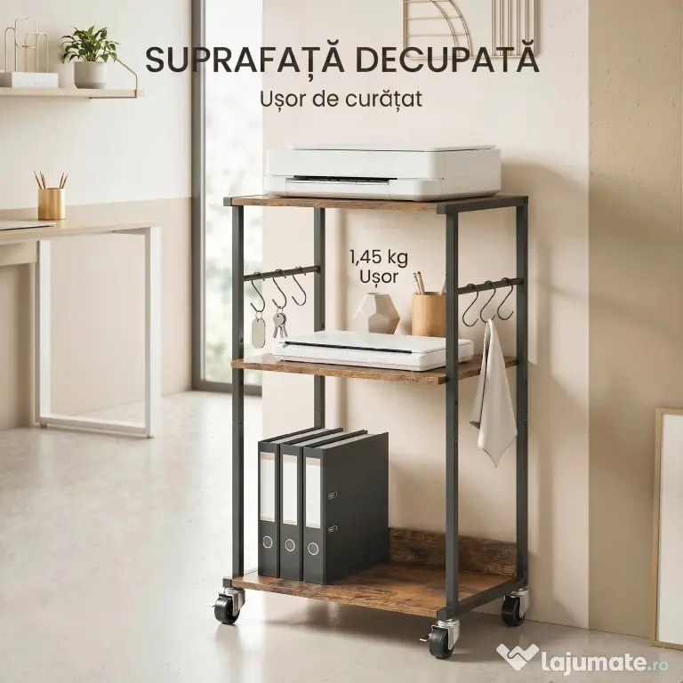 HOMCOM Dulap Imprimantă Industrial 3 Niveluri, Roți și Cârlige, Maro Rustic.