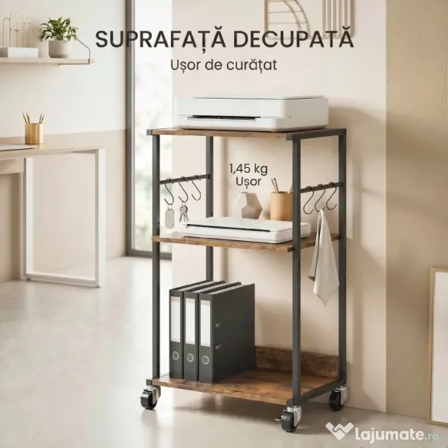 HOMCOM Dulap Imprimantă Industrial 3 Niveluri, Roți și Cârlige, Maro Rustic.