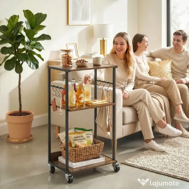 HOMCOM Dulap Imprimantă Industrial 3 Niveluri, Roți și Cârlige, Maro Rustic.