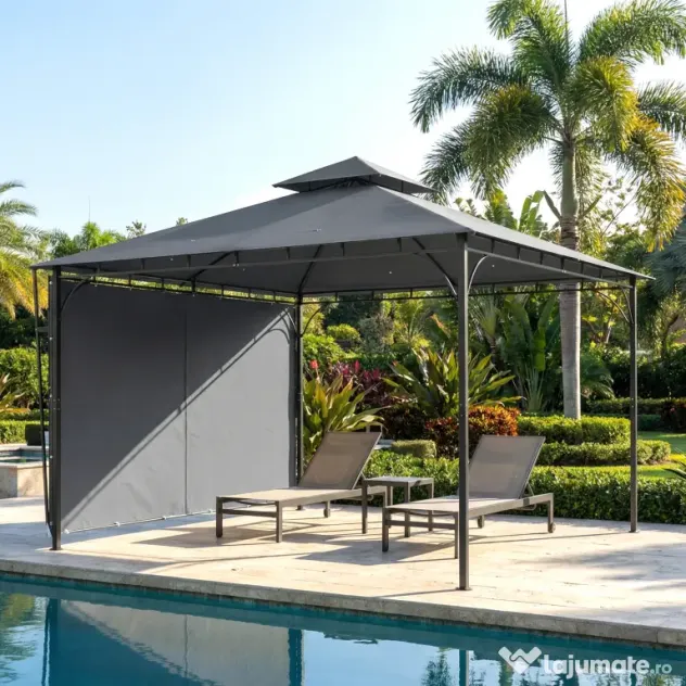 Outsunny Foișor de Grădină 3.2x3.2 m cu Acoperiș Extensibil, Foișor de Exterior cu Acoperiș Dublu Ventilat, Găuri de Drenaj, Cadru Metalic, pentru Grădină, Balcon, Petreceri, Terasă, UV30+, Gri Închis | Aosom Romania