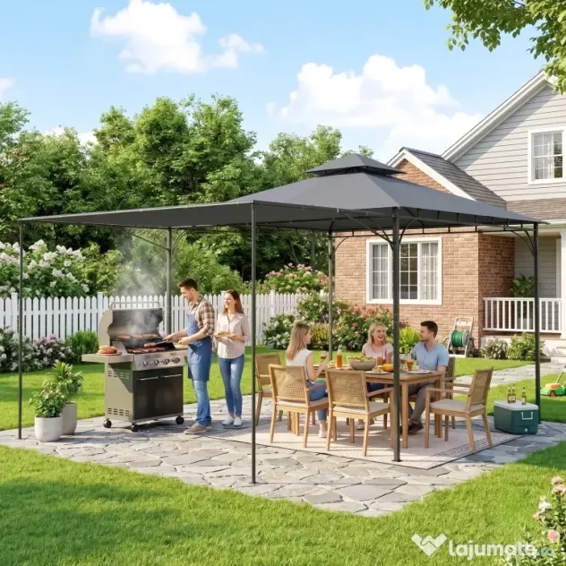 Outsunny Foișor de Grădină 3.2x3.2 m cu Acoperiș Extensibil, Foișor de Exterior cu Acoperiș Dublu Ventilat, Găuri de Drenaj, Cadru Metalic, pentru Grădină, Balcon, Petreceri, Terasă, UV30+, Gri Închis | Aosom Romania