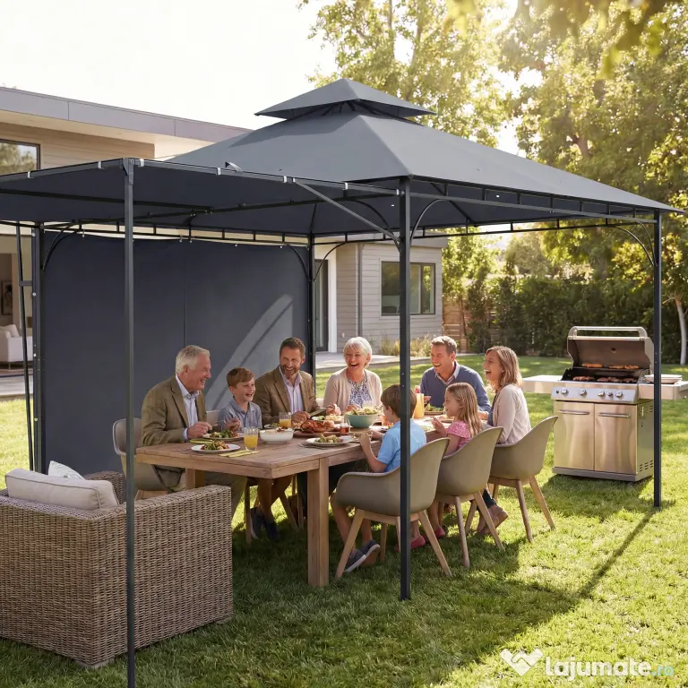 Outsunny Foișor de Grădină 3.2x3.2 m cu Acoperiș Extensibil, Foișor de Exterior cu Acoperiș Dublu Ventilat, Găuri de Drenaj, Cadru Metalic, pentru Grădină, Balcon, Petreceri, Terasă, UV30+, Gri Închis | Aosom Romania
