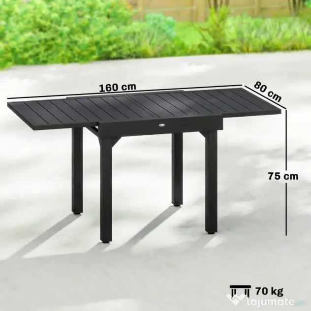 Outsunny Masă de Bucătărie Extensibilă pentru Terasă, 4-6 Persoane, 80-160 cm Masă Extensibilă din Aluminiu cu Blat din Lamele, Negru | Aosom Romania