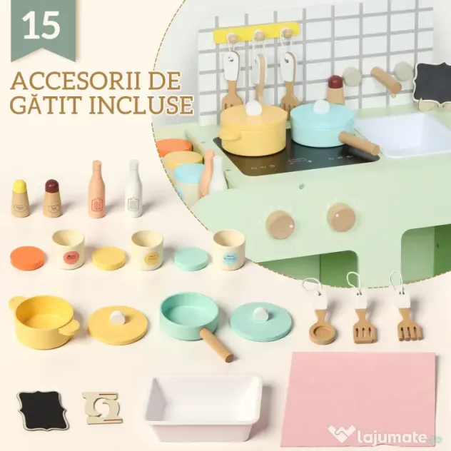 AIYAPLAY Set de Bucătărie de Jucărie din Lemn pentru Copii de 3+ Ani cu 15 Accesorii, Verde | Aosom Romania