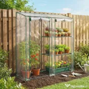 Outsunny Mini Seră cu 3 Rafturi, 2 Uși Rulabile, Seră pentru Grădină cu Cadru din Oțel și Acoperire din Plastic pentru Plante, Legume, Flori, Fructe, Anti UV, 143x45x151 cm, Transparentă | Aosom Romania 