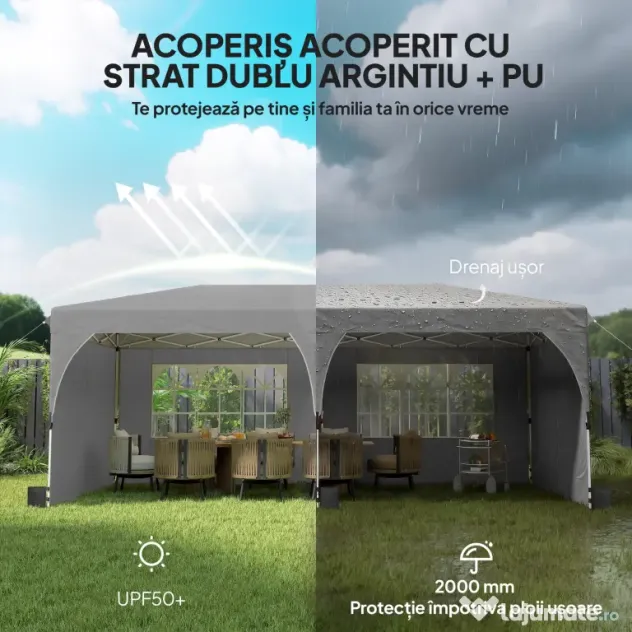 Outsunny Foișor 3x6 m Pliabil Tip Pop-Up cu Înălțime Reglabilă, Pereți Laterali, Benzi Reflectorizante, Saci de Nisip, Geantă de Transport, UV50+, pentru Camping, Petreceri, Gri Deschis | Aosom Romania