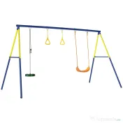 AIYAPLAY Set Leagăn de Grădină 3 în 1 pentru Copii cu Leagăn în Picioare, Inele Gimnastice, Cadru A din Oțel, Leagăne Duble pentru Copii, Capacitate 150kg, Exterior, 3-8 Ani, 285x160x181 cm | Aosom Romania