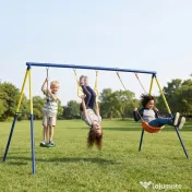 AIYAPLAY Set Leagăn de Grădină 3 în 1 pentru Copii cu Leagăn în Picioare, Inele Gimnastice, Cadru A din Oțel, Leagăne Duble pentru Copii, Capacitate 150kg, Exterior, 3-8 Ani, 285x160x181 cm | Aosom Romania