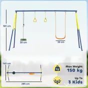 AIYAPLAY Set Leagăn de Grădină 3 în 1 pentru Copii cu Leagăn în Picioare, Inele Gimnastice, Cadru A din Oțel, Leagăne Duble pentru Copii, Capacitate 150kg, Exterior, 3-8 Ani, 285x160x181 cm | Aosom Romania