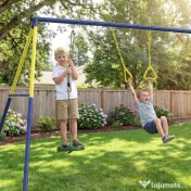 AIYAPLAY Set Leagăn de Grădină 3 în 1 pentru Copii cu Leagăn în Picioare, Inele Gimnastice, Cadru A din Oțel, Leagăne Duble pentru Copii, Capacitate 150kg, Exterior, 3-8 Ani, 285x160x181 cm | Aosom Romania