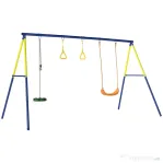 AIYAPLAY Set Leagăn de Grădină 3 în 1 pentru Copii cu Leagăn în Picioare, Inele Gimnastice, Cadru A din Oțel, Leagăne Duble pentru Copii, Capacitate 150kg, Exterior, 3-8 Ani, 285x160x181 cm