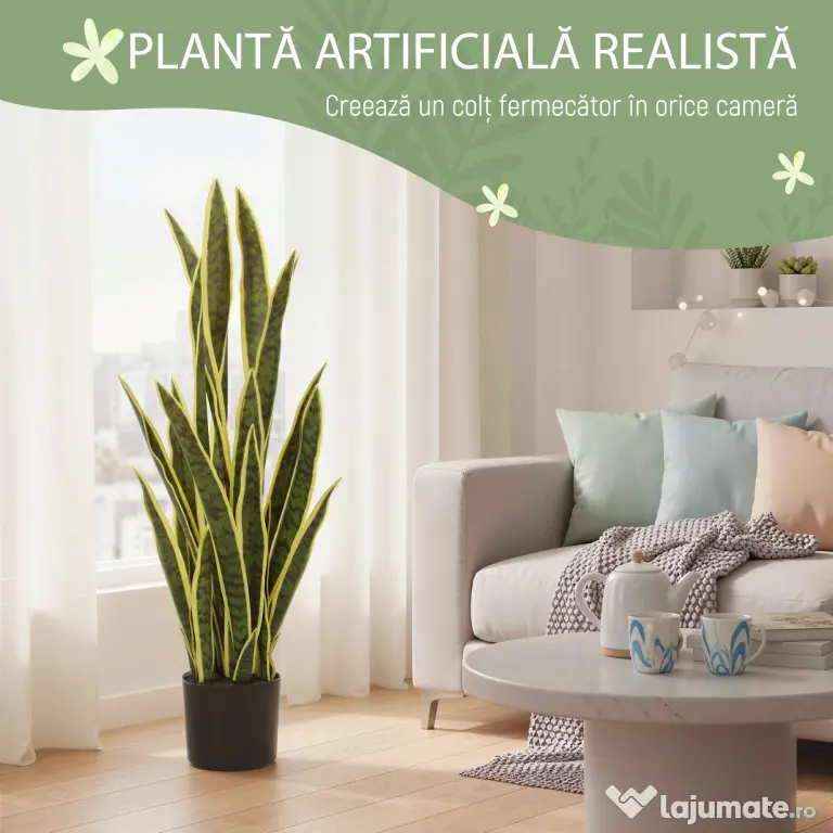 Outsunny Sansevieria Artificială cu Ghiveci pentru Interior și Exterior cu 21 de Frunze Ajustabile, Ø20x90 cm