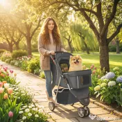 PawHut Cărucior Pliabil pentru Câini cu Suport pentru Pahare și Coș, din Oțel și Poliester, 75x45x97 cm, Gri Închis | Aosom Romania 