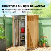 Outsunny Căsuță de Grădină 1.07m² din Oțel Zincat, Căsuță pentru Unelte cu Ușă Blocabilă, Acoperiș Înclinat, 142x86x189 cm, Galben | Aosom Romania 