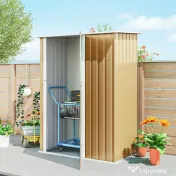 Outsunny Căsuță de Grădină 1.07m² din Oțel Zincat, Căsuță pentru Unelte cu Ușă Blocabilă, Acoperiș Înclinat, 142x86x189 cm, Galben | Aosom Romania 