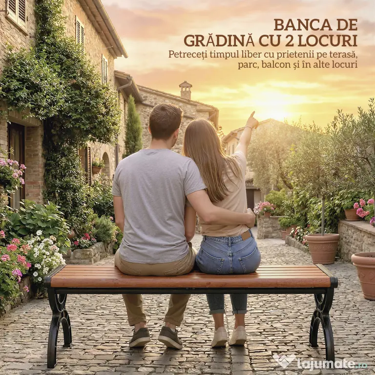 Outsunny Bancă de Grădină 2 Locuri, Bancă cu Cadru din Metal și Efect de Lemn, Mobilier pentru Grădină, Terasă, Parc | Aosom Romania