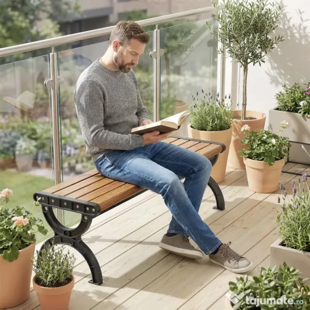 Outsunny Bancă de Grădină 2 Locuri, Bancă cu Cadru din Metal și Efect de Lemn, Mobilier pentru Grădină, Terasă, Parc | Aosom Romania