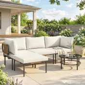 Outsunny Set Grădină, 5 Piese, Rattan Modular în L cu Perne, Culoare Bej | Aosom Romania 