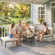 Outsunny Set Grădină, 5 Piese, Rattan Modular în L cu Perne, Culoare Bej | Aosom Romania 