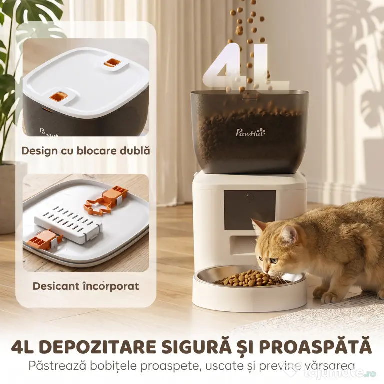PawHut Distribuitor Automat de Hrană pentru Pisici 4L, WiFi 2.4G, Control App cu Înregistrare 10s, Bol, Alb | Aosom Romania