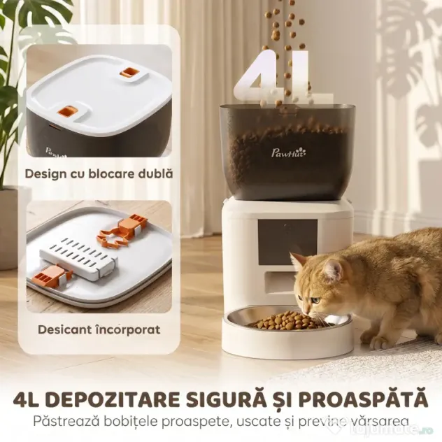 PawHut Distribuitor Automat de Hrană pentru Pisici 4L, WiFi 2.4G, Control App cu Înregistrare 10s, Bol, Alb | Aosom Romania