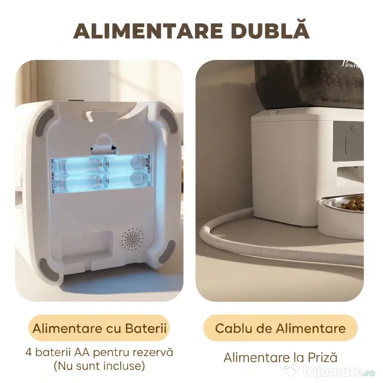 PawHut Distribuitor Automat de Hrană pentru Pisici 4L, WiFi 2.4G, Control App cu Înregistrare 10s, Bol, Alb | Aosom Romania