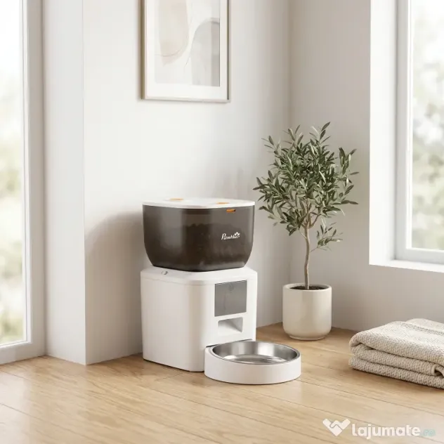 PawHut Distribuitor Automat de Hrană pentru Pisici 4L, WiFi 2.4G, Control App cu Înregistrare 10s, Bol, Alb | Aosom Romania