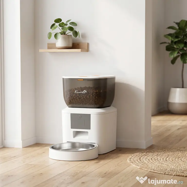 PawHut Distribuitor Automat de Hrană pentru Pisici 4L, WiFi 2.4G, Control App cu Înregistrare 10s, Bol, Alb | Aosom Romania