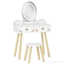 AIYAPLAY Set Măsuță și Scaun pentru Copii cu Oglindă cu Lumini LED în 3 Culori, Sertar, Cutii de Depozitare, pentru 3+ Ani, Alb | Aosom Romania