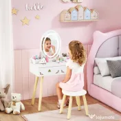 AIYAPLAY Set Măsuță și Scaun pentru Copii cu Oglindă cu Lumini LED în 3 Culori, Sertar, Cutii de Depozitare, pentru 3+ Ani, Alb | Aosom Romania