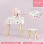 AIYAPLAY Set Măsuță și Scaun pentru Copii cu Oglindă cu Lumini LED în 3 Culori, Sertar, Cutii de Depozitare, pentru 3+ Ani, Alb | Aosom Romania