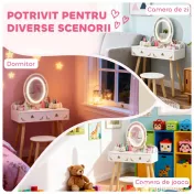 AIYAPLAY Set Măsuță și Scaun pentru Copii cu Oglindă cu Lumini LED în 3 Culori, Sertar, Cutii de Depozitare, pentru 3+ Ani, Alb | Aosom Romania