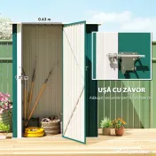 Outsunny Magazie de Grădină 1.07m² din Oțel Zincat, Căsuță pentru Depozitare cu Ușă Blocabilă, Acoperiș Înclinat, 142x86x189 cm, Verde | Aosom Romania