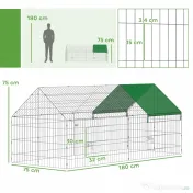 PawHut Cușcă pentru Iepuri și Găini de Exterior și Interior cu Protecție Solară și Grilaj Metalic, pentru Animale Mici, Rațe, Găini, 180x75x75 cm, Verde | Aosom Romania 
