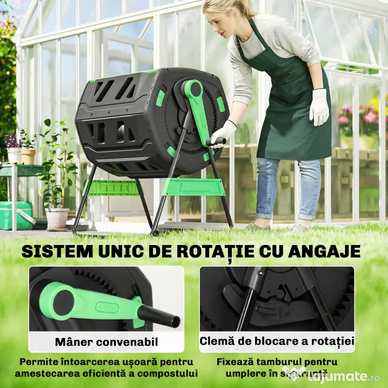 Compostor de Grădină Rotativ Outsunny 200L cu Cameră Dublă, Rotație 360°, Guri de Aerisire, Mănuși, din PP Fără BPA, pentru Compostare Deșeuri Organice din Bucătărie, Grădină și Curte | Aosom Romania